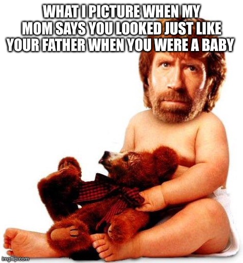 Chuck Norris | WHAT I PICTURE WHEN MY MOM SAYS YOU LOOKED JUST LIKE YOUR FATHER WHEN YOU WERE A BABY | image tagged in chuck norris | made w/ Imgflip meme maker