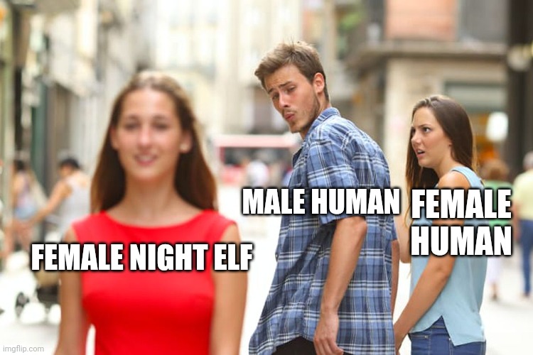 Distracted Boyfriend Meme | FEMALE NIGHT ELF MALE HUMAN FEMALE HUMAN | image tagged in memes,distracted boyfriend | made w/ Imgflip meme maker