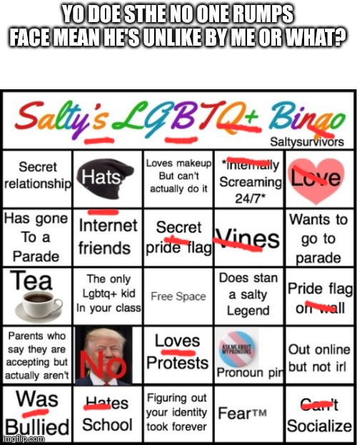 The Pride Bingo | YO DOE STHE NO ONE RUMPS FACE MEAN HE'S UNLIKE BY ME OR WHAT? | image tagged in the pride bingo | made w/ Imgflip meme maker