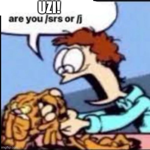 about this stream (Owner Note: /hj) | UZI! | image tagged in garfield are you /srs or /j | made w/ Imgflip meme maker