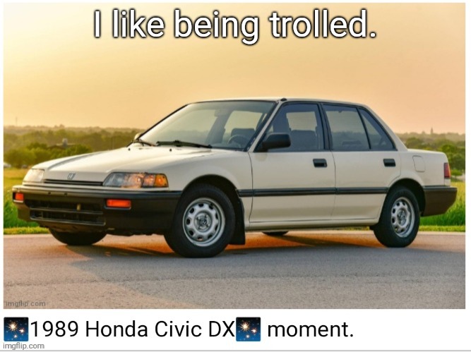 1989 honda civic dx moment | I like being trolled. | image tagged in 1989 honda civic dx moment | made w/ Imgflip meme maker