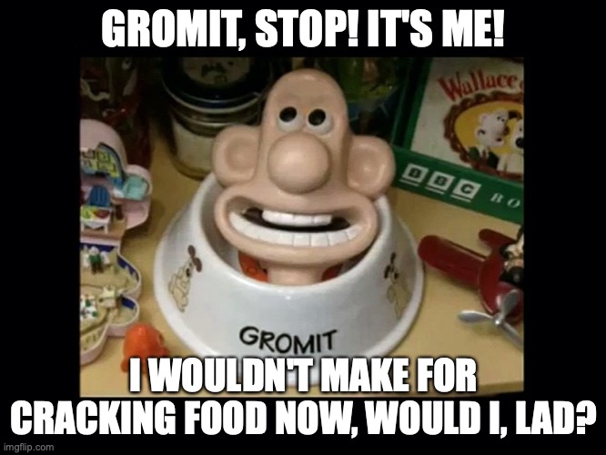 The Day Wallace (somehow) Became Dog Food | GROMIT, STOP! IT'S ME! I WOULDN'T MAKE FOR CRACKING FOOD NOW, WOULD I, LAD? | image tagged in wallace and gromit,wallace cursed land,surprised wallace,british,cursed image,no context | made w/ Imgflip meme maker