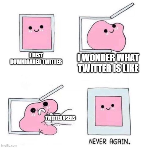 twitter in a nutshell | I JUST DOWNLOADED TWITTER; I WONDER WHAT TWITTER IS LIKE; TWITTER USERS | image tagged in never again | made w/ Imgflip meme maker
