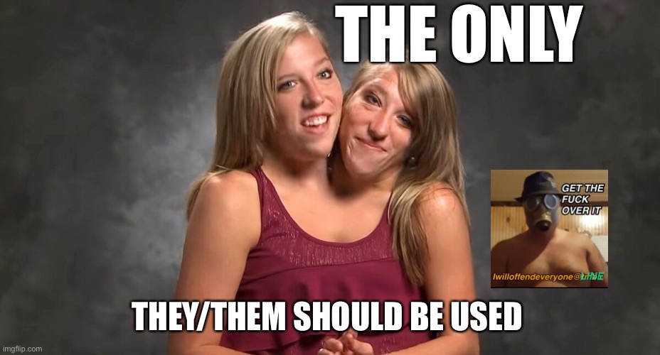 abby and brittany hensel | THE ONLY; THEY/THEM SHOULD BE USED | image tagged in abby and brittany hensel,brittany hensel,abby hensel,i will offend everyone,memes,funny memes | made w/ Imgflip meme maker