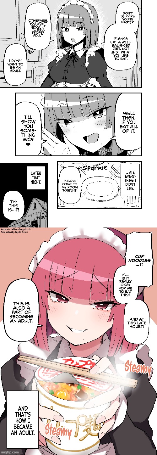 "The Maid Showing Something Nice at Night" by Kuga Tsuniya | image tagged in manga,asexual,surprise,ramen,food,lgbt | made w/ Imgflip meme maker