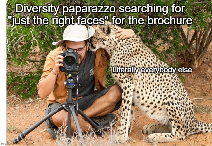 We pride ourselves on our inclusivity -- (not you) | Diversity paparazzo searching for "just the right faces" for the brochure; Literally everybody else | image tagged in cheetah director | made w/ Imgflip meme maker