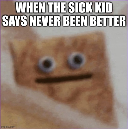 This is my humor now | WHEN THE SICK KID SAYS NEVER BEEN BETTER | image tagged in cinnamon toast crunch | made w/ Imgflip meme maker