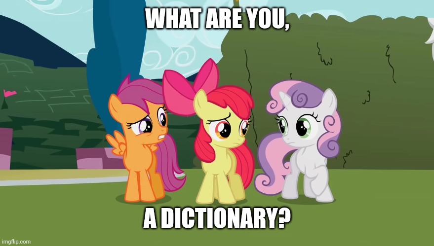 What are you, a dictionary? | WHAT ARE YOU, A DICTIONARY? | image tagged in what are you a dictionary,memes,my little pony,cutie mark crusaders | made w/ Imgflip meme maker