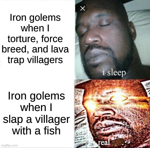 Minecraft meme | Iron golems when I torture, force breed, and lava trap villagers; Iron golems when I slap a villager with a fish | image tagged in memes,sleeping shaq | made w/ Imgflip meme maker