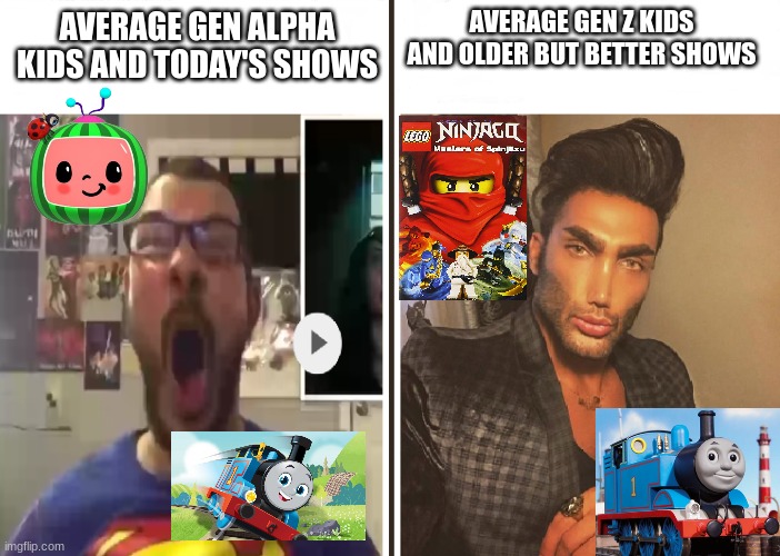 Average Fan vs Average Enjoyer | AVERAGE GEN Z KIDS AND OLDER BUT BETTER SHOWS; AVERAGE GEN ALPHA KIDS AND TODAY'S SHOWS | image tagged in average fan vs average enjoyer | made w/ Imgflip meme maker