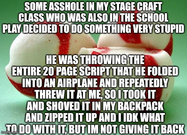 Mints | SOME ASSHOLE IN MY STAGE CRAFT CLASS WHO WAS ALSO IN THE SCHOOL PLAY DECIDED TO DO SOMETHING VERY STUPID; HE WAS THROWING THE ENTIRE 20 PAGE SCRIPT THAT HE FOLDED INTO AN AIRPLANE AND REPEATEDLY THREW IT AT ME, SO I TOOK IT AND SHOVED IT IN MY BACKPACK AND ZIPPED IT UP AND I IDK WHAT TO DO WITH IT, BUT IM NOT GIVING IT BACK | image tagged in mints | made w/ Imgflip meme maker