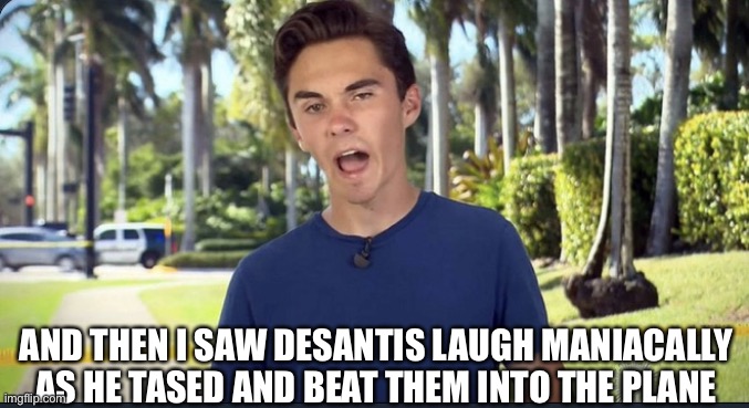 Who kept the McDonald’s gift cards? | AND THEN I SAW DESANTIS LAUGH MANIACALLY AS HE TASED AND BEAT THEM INTO THE PLANE | image tagged in david hogg,illegal aliens,illegals,liberals | made w/ Imgflip meme maker