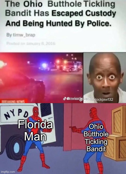 Ohio is transforming into Florida (look at his eyes wth) | Florida
Man; Ohio
Butthole
Tickling
Bandit | image tagged in spiderman pointing at spiderman,spiderman,florida man,criminals,memes,funny | made w/ Imgflip meme maker