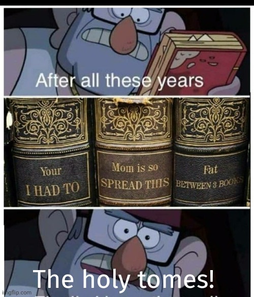 But why? Why would you do that? | The holy tomes! | image tagged in your mom,holy,books,no,this is not okie dokie | made w/ Imgflip meme maker