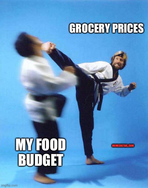 Grocery prices, food budget. |  GROCERY PRICES; MY FOOD BUDGET; MEMESRETAIL.COM | image tagged in roundhouse kick chuck norris,inflation,grocery store,food | made w/ Imgflip meme maker