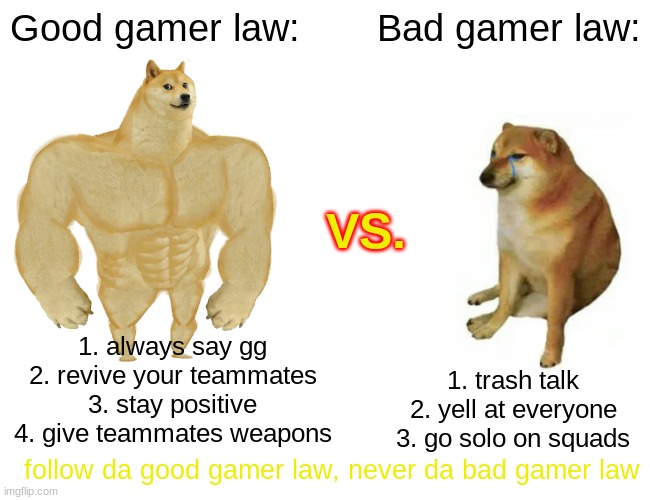 did I forget any? | Good gamer law:; Bad gamer law:; VS. 1. always say gg
2. revive your teammates
3. stay positive
4. give teammates weapons; 1. trash talk
2. yell at everyone
3. go solo on squads; follow da good gamer law, never da bad gamer law | image tagged in memes,buff doge vs cheems | made w/ Imgflip meme maker