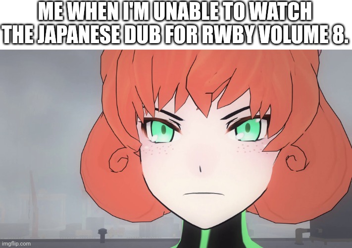 I'm NOT Combat Ready! | ME WHEN I'M UNABLE TO WATCH THE JAPANESE DUB FOR RWBY VOLUME 8. | image tagged in memes,rwby,text | made w/ Imgflip meme maker