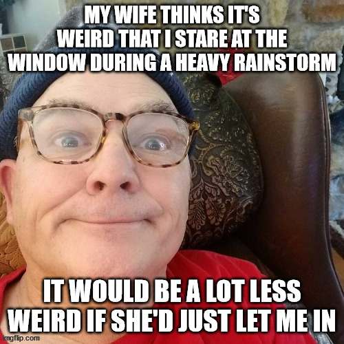 durl earl |  MY WIFE THINKS IT'S WEIRD THAT I STARE AT THE WINDOW DURING A HEAVY RAINSTORM; IT WOULD BE A LOT LESS WEIRD IF SHE'D JUST LET ME IN | image tagged in durl earl | made w/ Imgflip meme maker