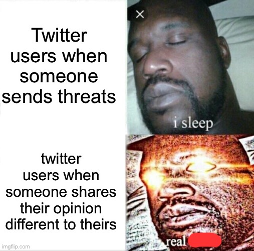 Sleeping Shaq Meme | Twitter users when someone sends threats; twitter users when someone shares their opinion different to theirs | image tagged in memes,sleeping shaq | made w/ Imgflip meme maker
