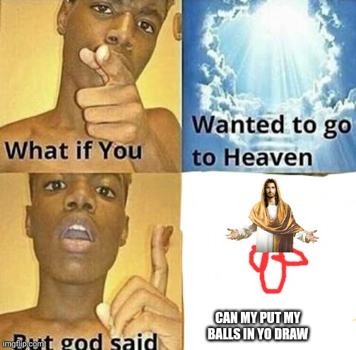 Lol | CAN MY PUT MY BALLS IN YO DRAW | image tagged in what if you wanted to go to heaven | made w/ Imgflip meme maker