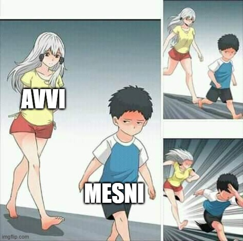 Anime boy running | AVVI; MESNI | image tagged in anime boy running | made w/ Imgflip meme maker