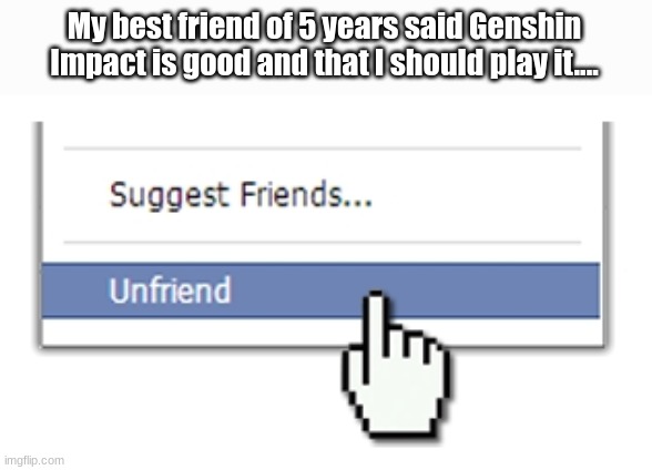 Unfriend | My best friend of 5 years said Genshin Impact is good and that I should play it.... | image tagged in unfriend | made w/ Imgflip meme maker