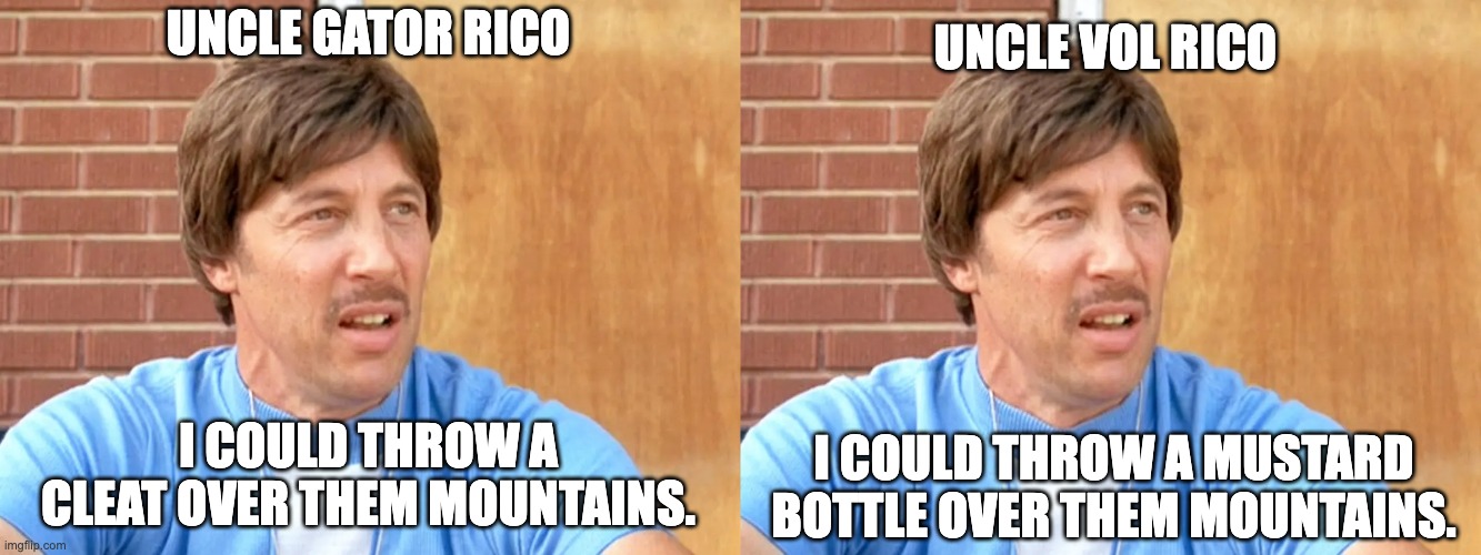 UNCLE VOL RICO; UNCLE GATOR RICO; I COULD THROW A CLEAT OVER THEM MOUNTAINS. I COULD THROW A MUSTARD BOTTLE OVER THEM MOUNTAINS. | image tagged in gators,volunteers | made w/ Imgflip meme maker