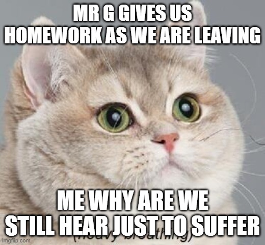 Heavy Breathing Cat Meme | MR G GIVES US HOMEWORK AS WE ARE LEAVING; ME WHY ARE WE STILL HEAR JUST TO SUFFER | image tagged in memes,heavy breathing cat | made w/ Imgflip meme maker