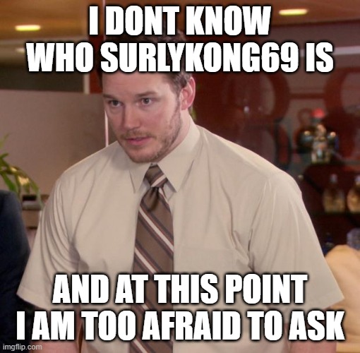 I DONT KNOW WHO SURLYKONG69 IS AND AT THIS POINT I AM TOO AFRAID TO ASK | image tagged in at this point im too afraid to ask | made w/ Imgflip meme maker