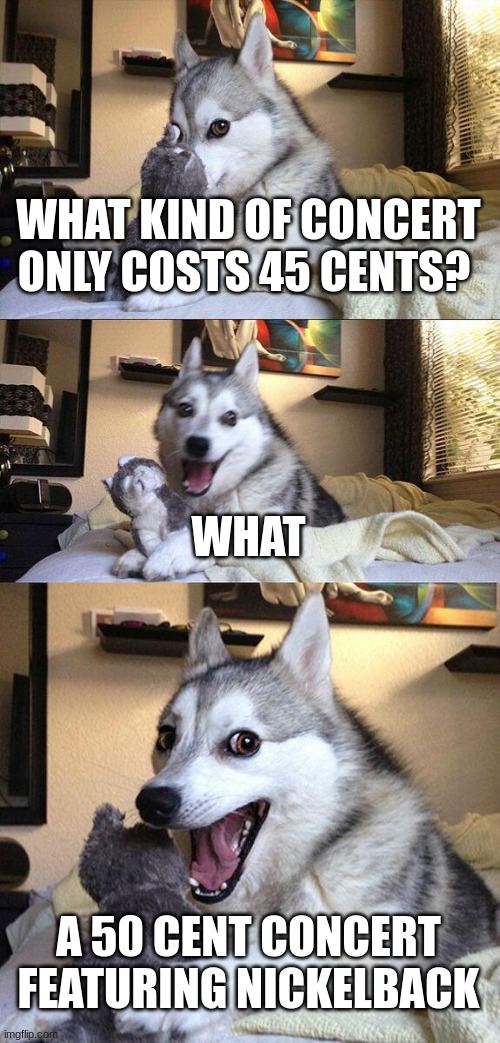 Bad Pun Dog | WHAT KIND OF CONCERT ONLY COSTS 45 CENTS? WHAT; A 50 CENT CONCERT FEATURING NICKELBACK | image tagged in memes,bad pun dog | made w/ Imgflip meme maker
