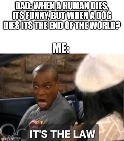 It's The Law | DAD: WHEN A HUMAN DIES, ITS FUNNY, BUT WHEN A DOG DIES ITS THE END OF THE WORLD? ME: | image tagged in it's the law | made w/ Imgflip meme maker