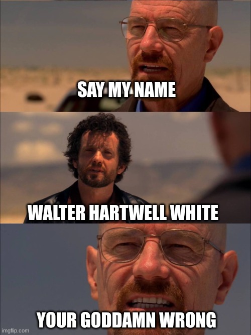 your goddamn wrong | SAY MY NAME; WALTER HARTWELL WHITE; YOUR GODDAMN WRONG | image tagged in breaking bad - say my name | made w/ Imgflip meme maker