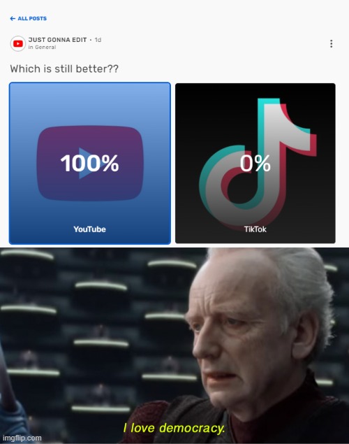 all 56 people just voted youtube | image tagged in i love democracy | made w/ Imgflip meme maker