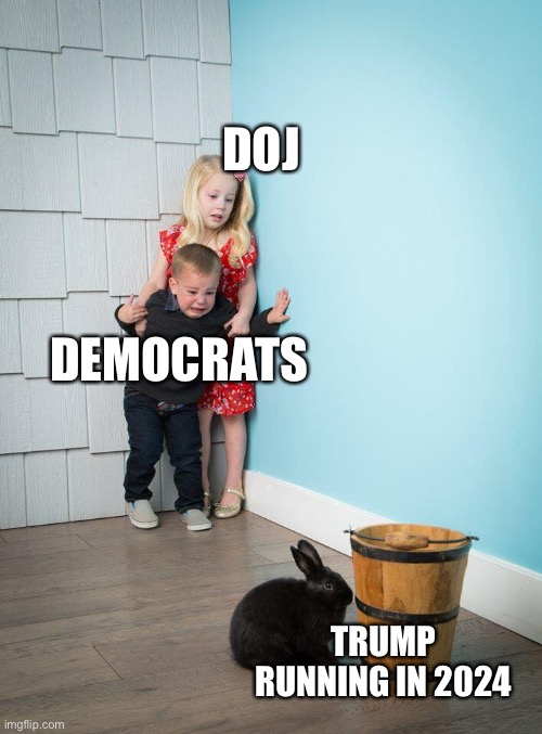 Kids Afraid of Rabbit | DOJ; DEMOCRATS; TRUMP RUNNING IN 2024 | image tagged in kids afraid of rabbit | made w/ Imgflip meme maker