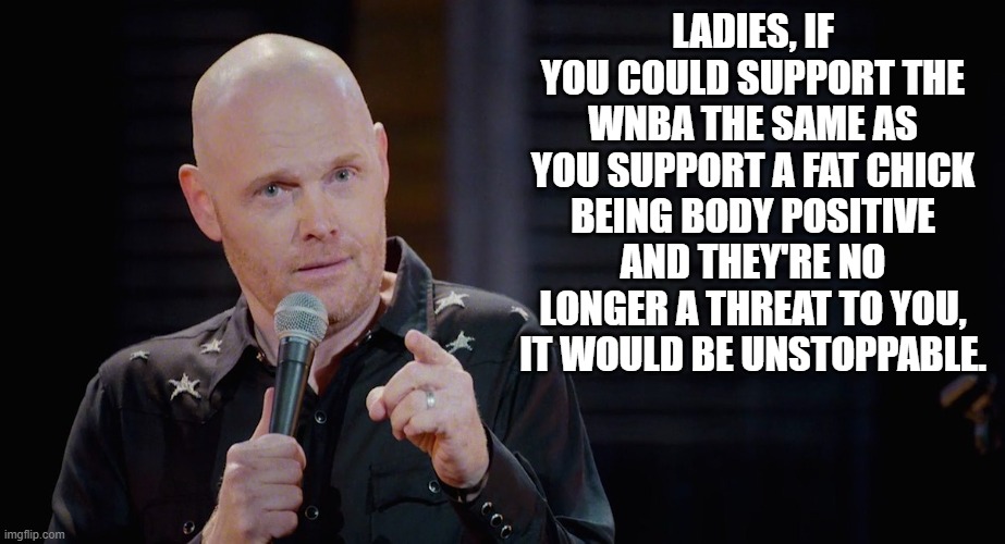 Hypocritical feminists | LADIES, IF YOU COULD SUPPORT THE WNBA THE SAME AS YOU SUPPORT A FAT CHICK BEING BODY POSITIVE AND THEY'RE NO LONGER A THREAT TO YOU, IT WOULD BE UNSTOPPABLE. | image tagged in bill burr i'm just sayin,hypocrisy | made w/ Imgflip meme maker