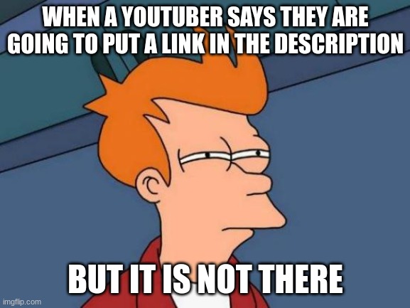 A bit suspicious | WHEN A YOUTUBER SAYS THEY ARE GOING TO PUT A LINK IN THE DESCRIPTION; BUT IT IS NOT THERE | image tagged in memes,futurama fry | made w/ Imgflip meme maker