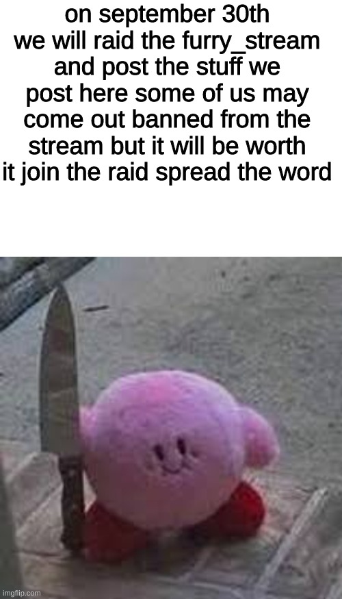 on september 30th we will raid the furry_stream and post the stuff we post here some of us may come out banned from the stream but it will be worth it join the raid spread the word | image tagged in blank white template,kirby with a knife | made w/ Imgflip meme maker