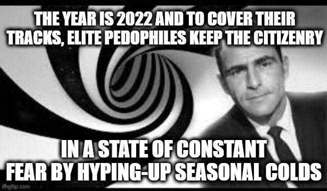 The Twilight Zone | THE YEAR IS 2022 AND TO COVER THEIR TRACKS, ELITE PEDOPHILES KEEP THE CITIZENRY; IN A STATE OF CONSTANT FEAR BY HYPING-UP SEASONAL COLDS | image tagged in twilight zone | made w/ Imgflip meme maker
