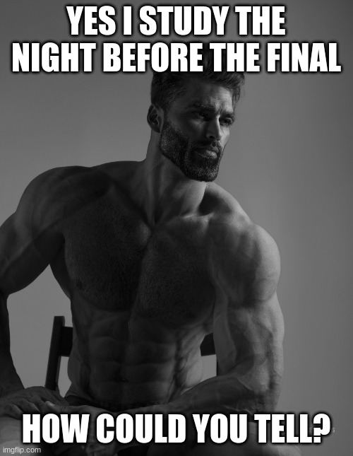 Giga Chad | YES I STUDY THE NIGHT BEFORE THE FINAL HOW COULD YOU TELL? | image tagged in giga chad | made w/ Imgflip meme maker