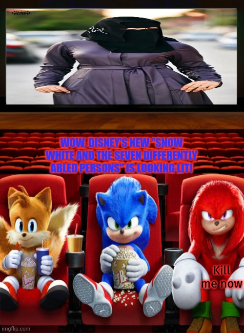 But why? Why would you do that? | WOW, DISNEY'S NEW "SNOW WHITE AND THE SEVEN DIFFERENTLY ABLED PERSONS" IS LOOKING LIT! Kill me now | image tagged in sonic the hedgehog,watching,bad movies,snow white,remake | made w/ Imgflip meme maker