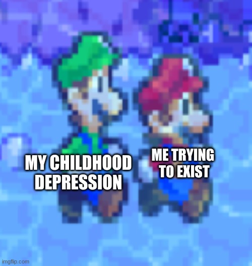 Do I need a title? Really? | MY CHILDHOOD DEPRESSION; ME TRYING 
TO EXIST | image tagged in depression,child abuse,ow,childhood ruined,fun | made w/ Imgflip meme maker