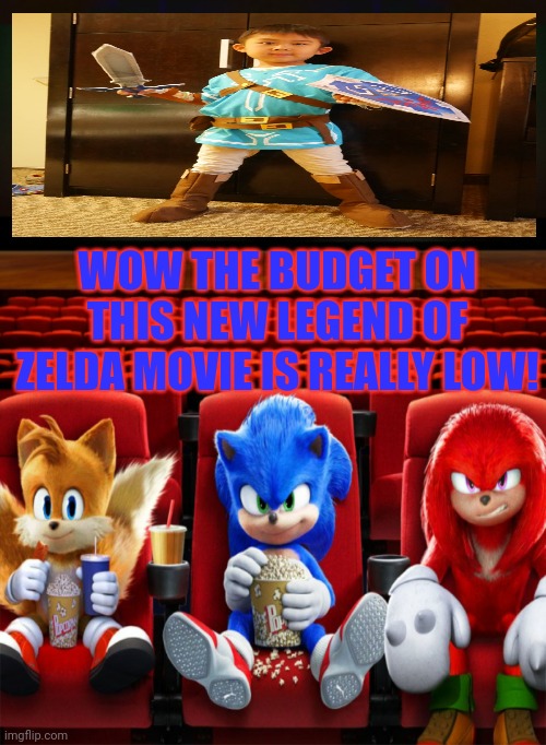 Sonic watches bad movies | WOW THE BUDGET ON THIS NEW LEGEND OF ZELDA MOVIE IS REALLY LOW! | image tagged in sonic the hedgehog,watching,bad movies,tails the fox,knuckles | made w/ Imgflip meme maker