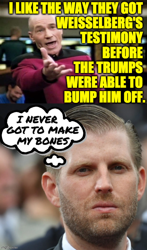 Eric is the real victim here. | I LIKE THE WAY THEY GOT 
WEISSELBERG'S 
TESTIMONY 
BEFORE 
THE TRUMPS 
WERE ABLE TO 
BUMP HIM OFF. | image tagged in memes,mistakes | made w/ Imgflip meme maker