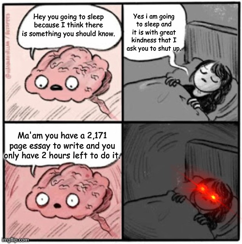 essay in 2 hours | Yes i am going to sleep and it is with great kindness that I ask you to shut up. Hey you going to sleep because I think there is something you should know. Ma'am you have a 2,171 page essay to write and you only have 2 hours left to do it. | image tagged in brain before sleep | made w/ Imgflip meme maker