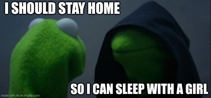 WHy not? | I SHOULD STAY HOME; SO I CAN SLEEP WITH A GIRL | image tagged in memes,evil kermit | made w/ Imgflip meme maker