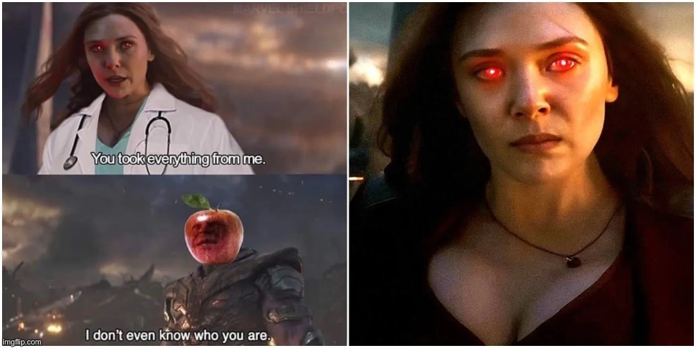 A apple a day keeps the doctor away | image tagged in apple,wanda,thanos,you took everything from me - i don't even know who you are | made w/ Imgflip meme maker
