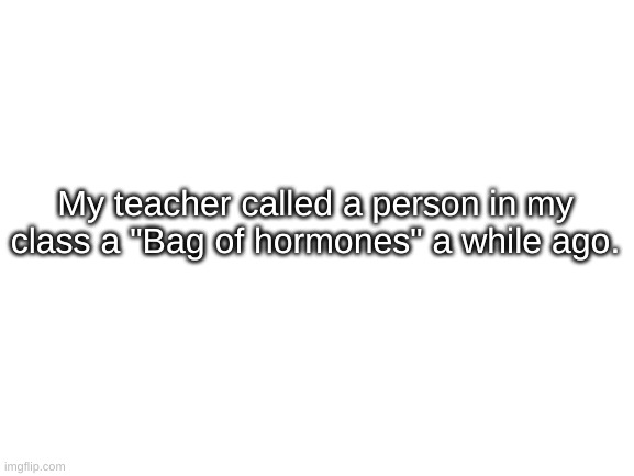 A bag of hormones? | My teacher called a person in my class a "Bag of hormones" a while ago. | image tagged in a bag of hormones | made w/ Imgflip meme maker