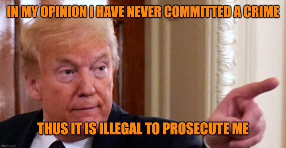 Trump pointing | IN MY OPINION I HAVE NEVER COMMITTED A CRIME THUS IT IS ILLEGAL TO PROSECUTE ME | image tagged in trump pointing | made w/ Imgflip meme maker