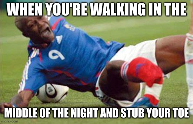 ouch ma toe | WHEN YOU'RE WALKING IN THE; MIDDLE OF THE NIGHT AND STUB YOUR TOE | image tagged in memes | made w/ Imgflip meme maker