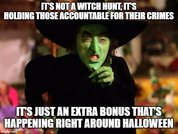 wicked witch  | IT'S NOT A WITCH HUNT, IT'S HOLDING THOSE ACCOUNTABLE FOR THEIR CRIMES; IT'S JUST AN EXTRA BONUS THAT'S HAPPENING RIGHT AROUND HALLOWEEN | image tagged in wicked witch | made w/ Imgflip meme maker